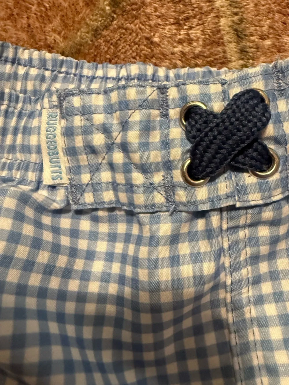 Kids Light Blue Gingham Swim Trunks with Elastic Waist